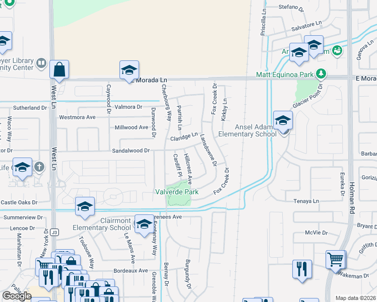 map of restaurants, bars, coffee shops, grocery stores, and more near 2439 Sandalwood Drive in Stockton