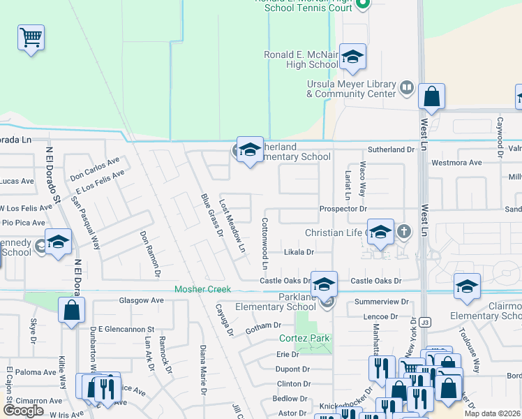 map of restaurants, bars, coffee shops, grocery stores, and more near 736 Misty Meadow Street in Stockton