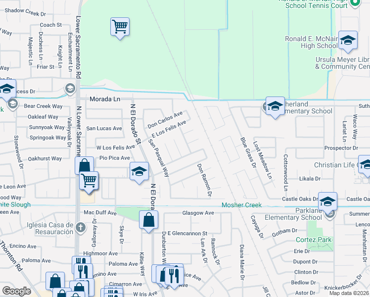 map of restaurants, bars, coffee shops, grocery stores, and more near 8814 Hermosa Court in Stockton