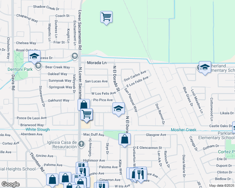 map of restaurants, bars, coffee shops, grocery stores, and more near 6 East Los Felis Avenue in Stockton