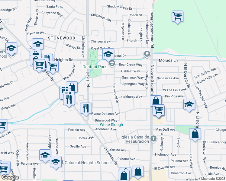 map of restaurants, bars, coffee shops, grocery stores, and more near 1301 Goldenleaf Way in Stockton