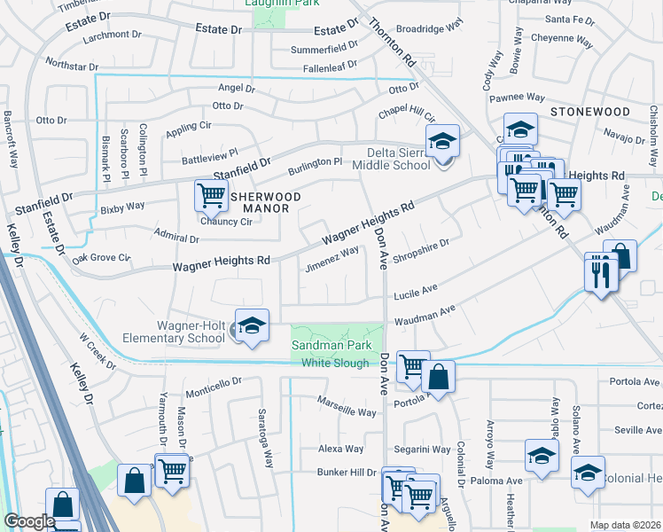 map of restaurants, bars, coffee shops, grocery stores, and more near 2621 Jimenez Way in Stockton