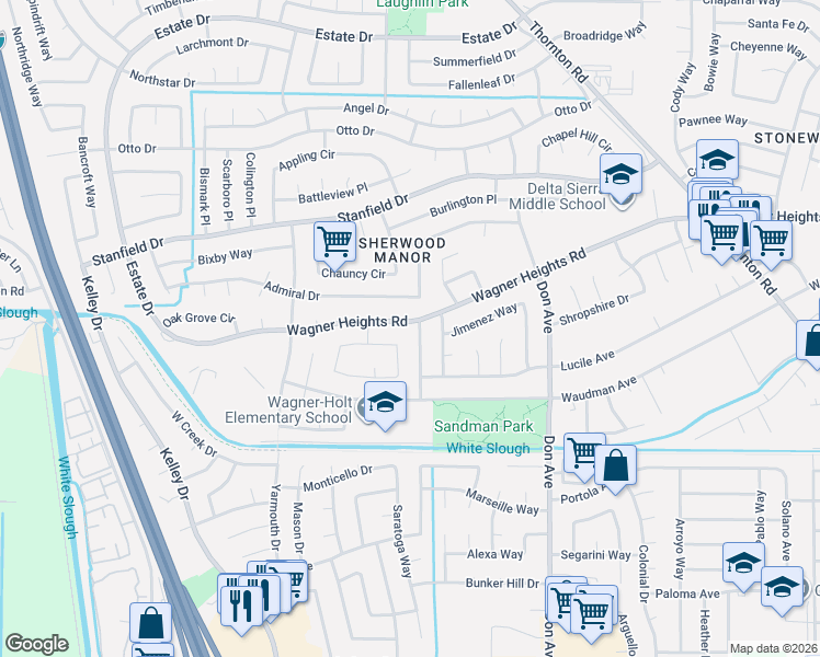 map of restaurants, bars, coffee shops, grocery stores, and more near 2919 Wagner Heights Road in Stockton