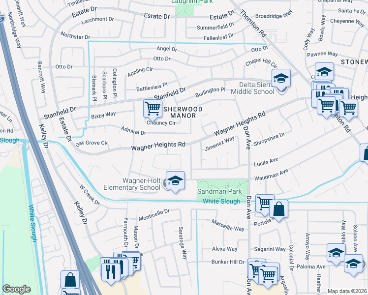 map of restaurants, bars, coffee shops, grocery stores, and more near 2919 Wagner Heights Road in Stockton