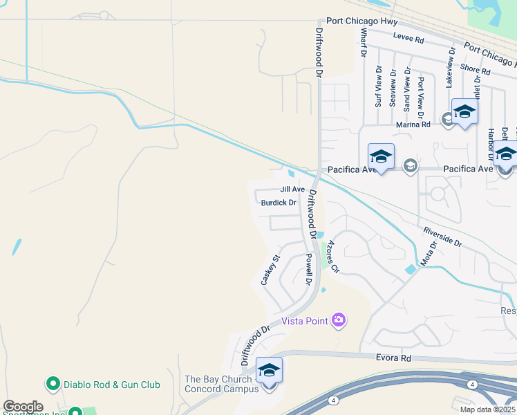 map of restaurants, bars, coffee shops, grocery stores, and more near 564 Burdick Drive in Bay Point