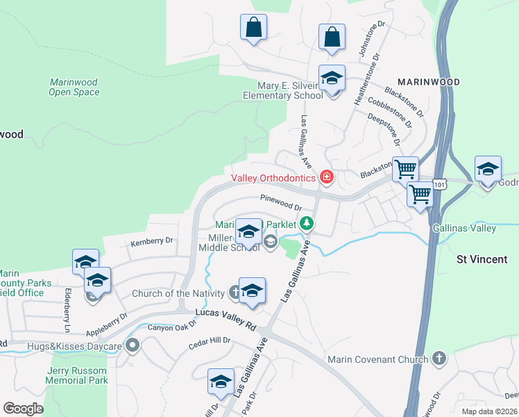 map of restaurants, bars, coffee shops, grocery stores, and more near 445 Pinewood Drive in San Rafael