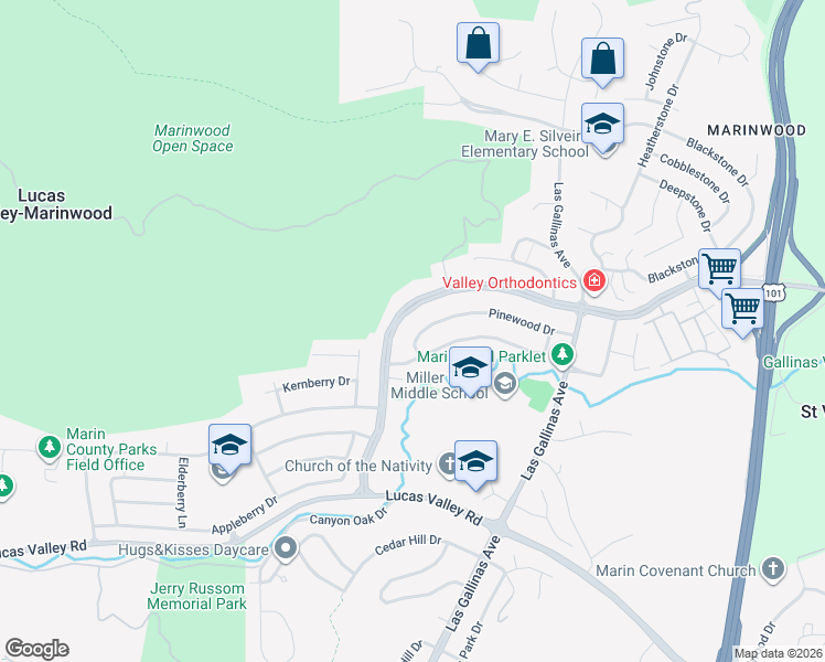 map of restaurants, bars, coffee shops, grocery stores, and more near 535 Miller Creek Road in San Rafael