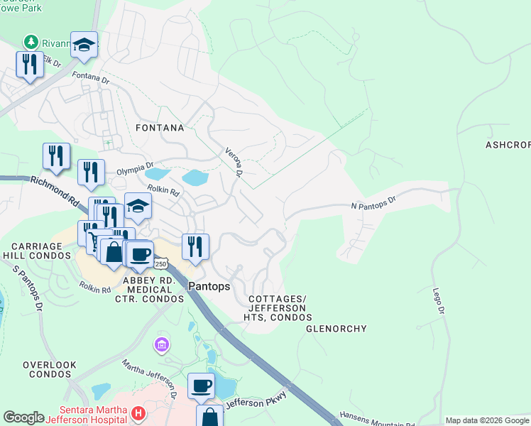 map of restaurants, bars, coffee shops, grocery stores, and more near 2424 Winthrop Drive in Charlottesville