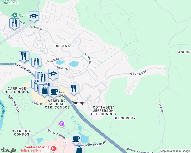 map of restaurants, bars, coffee shops, grocery stores, and more near 2424 Winthrop Drive in Charlottesville