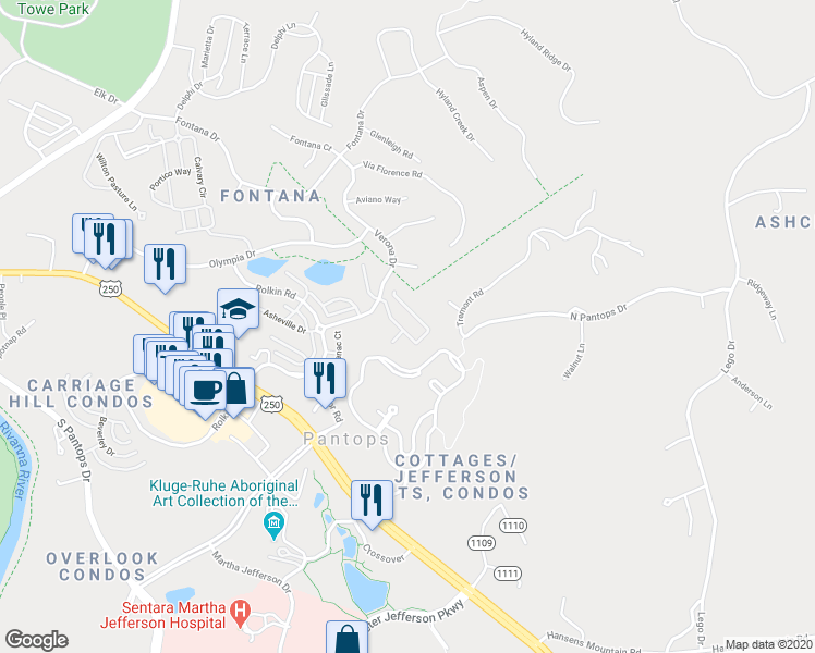 map of restaurants, bars, coffee shops, grocery stores, and more near 2424 Winthrop Drive in Charlottesville