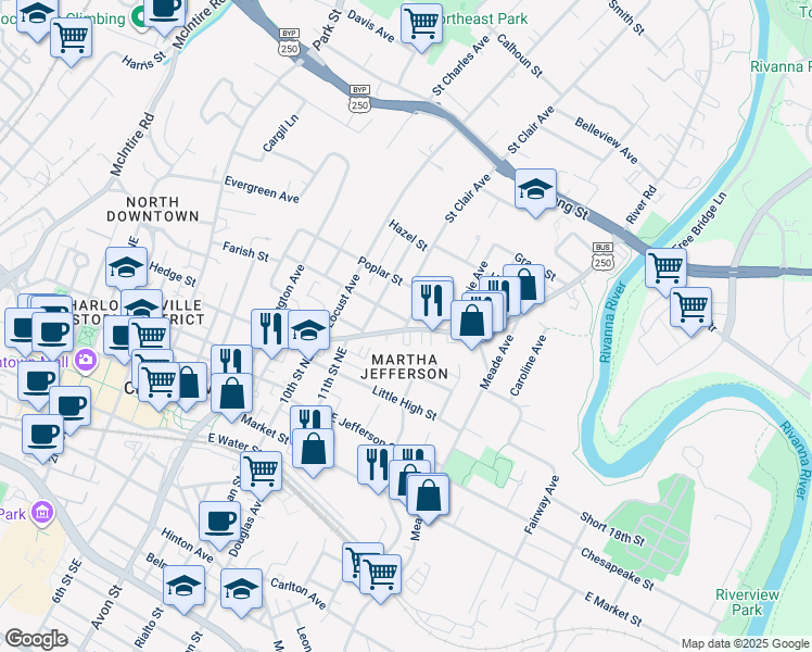 map of restaurants, bars, coffee shops, grocery stores, and more near 501 Orange Street in Charlottesville