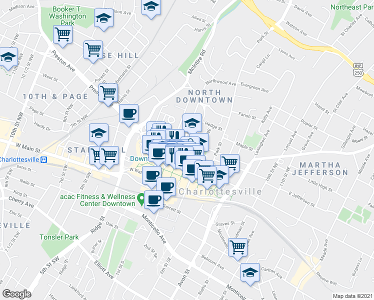 map of restaurants, bars, coffee shops, grocery stores, and more near 109 East Jefferson Street in Charlottesville