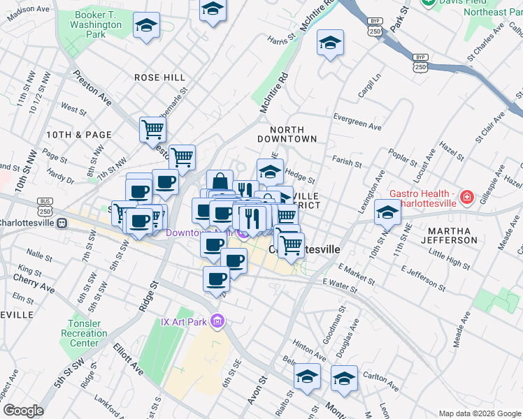 map of restaurants, bars, coffee shops, grocery stores, and more near 109 East Jefferson Street in Charlottesville