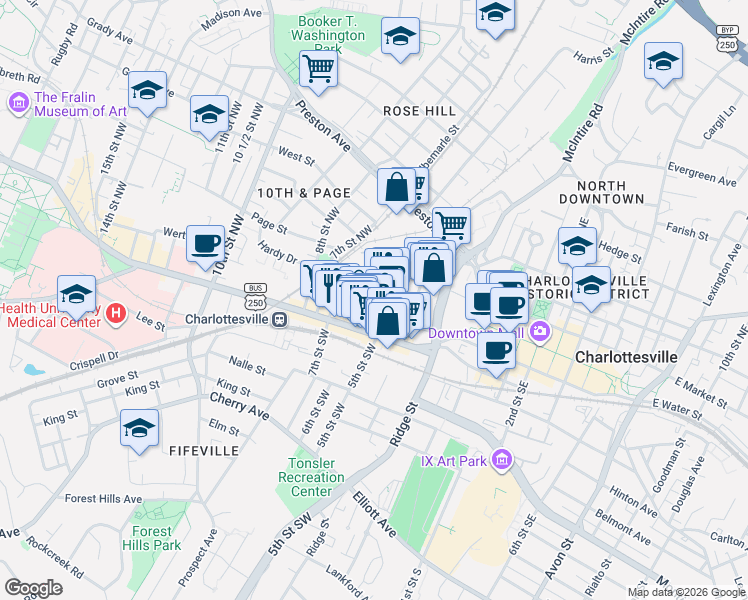 map of restaurants, bars, coffee shops, grocery stores, and more near in Charlottesville