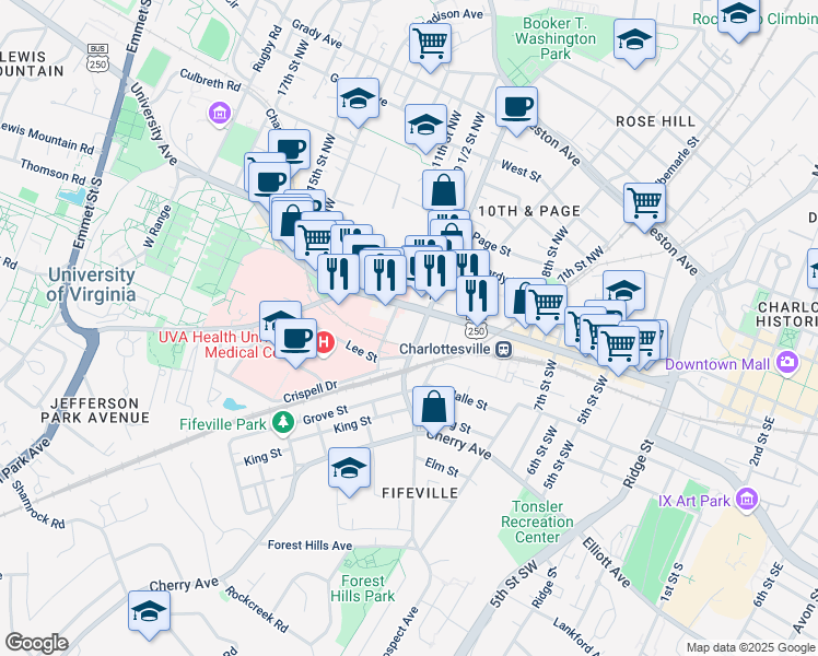 map of restaurants, bars, coffee shops, grocery stores, and more near 107 Roosevelt Brown Boulevard in Charlottesville