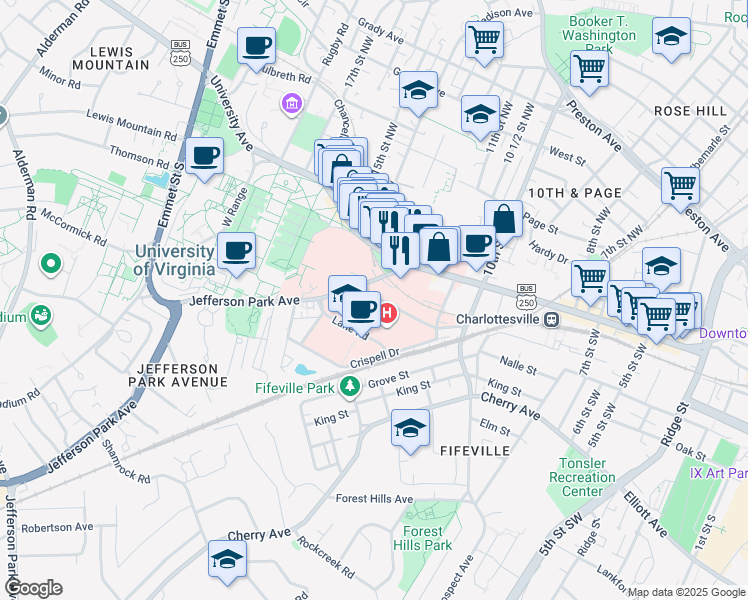 map of restaurants, bars, coffee shops, grocery stores, and more near 1222 Jeff Park Ave-park Pl in Charlottesville