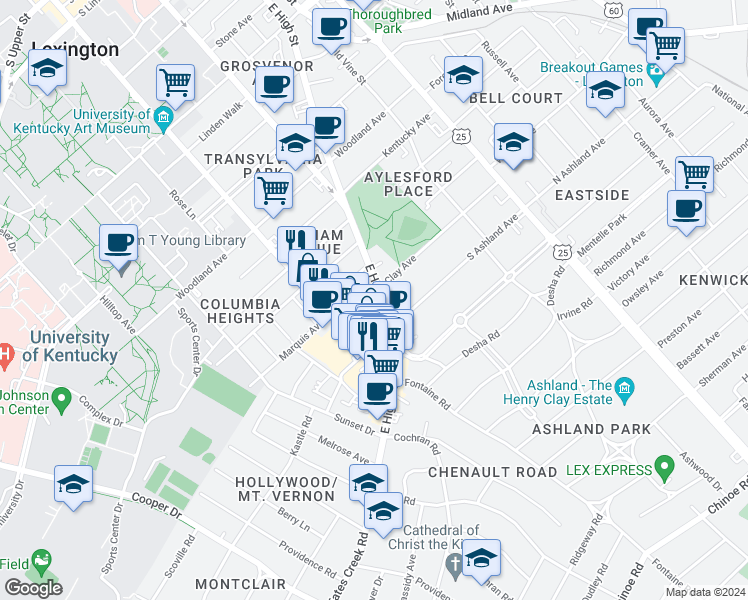 map of restaurants, bars, coffee shops, grocery stores, and more near 288 Clay Avenue in Lexington
