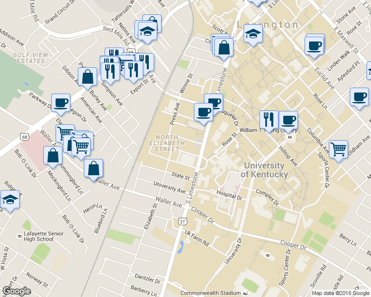 map of restaurants, bars, coffee shops, grocery stores, and more near 163 Transcript Avenue in Lexington