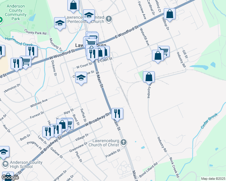 map of restaurants, bars, coffee shops, grocery stores, and more near 145 Hawkins Street in Lawrenceburg