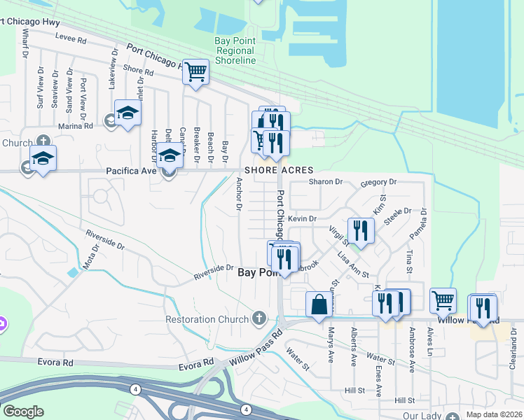 map of restaurants, bars, coffee shops, grocery stores, and more near 55 Pacifica Avenue in Bay Point