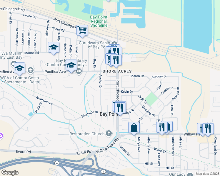 map of restaurants, bars, coffee shops, grocery stores, and more near 55 Pacifica Avenue in Bay Point