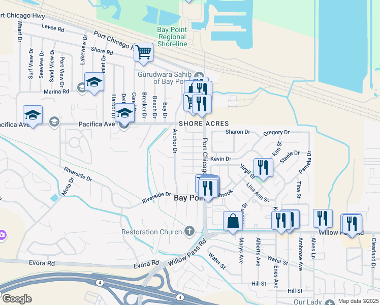 map of restaurants, bars, coffee shops, grocery stores, and more near 55 Pacifica Avenue in Bay Point