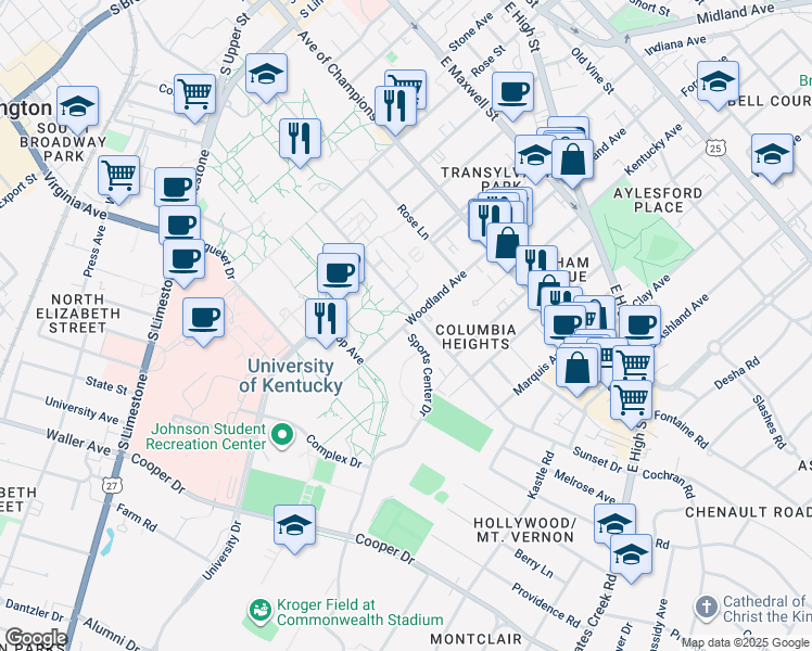 map of restaurants, bars, coffee shops, grocery stores, and more near 650 Woodland Avenue in Lexington