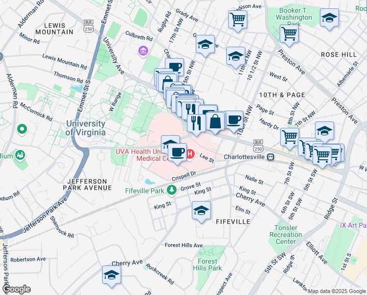 map of restaurants, bars, coffee shops, grocery stores, and more near in Charlottesville