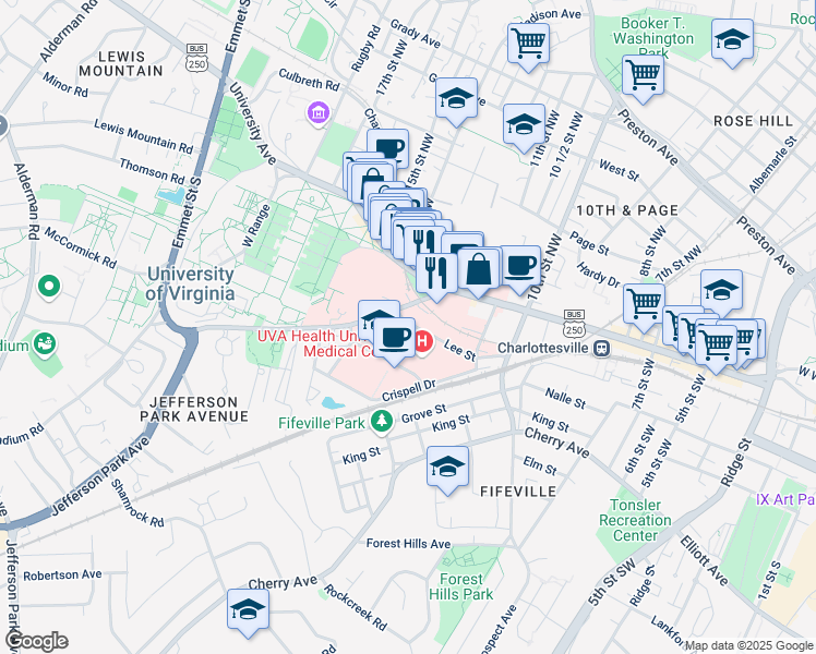 map of restaurants, bars, coffee shops, grocery stores, and more near 1215 Lee Street in Charlottesville