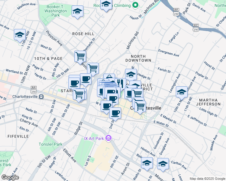 map of restaurants, bars, coffee shops, grocery stores, and more near 202 2nd Street Northwest in Charlottesville