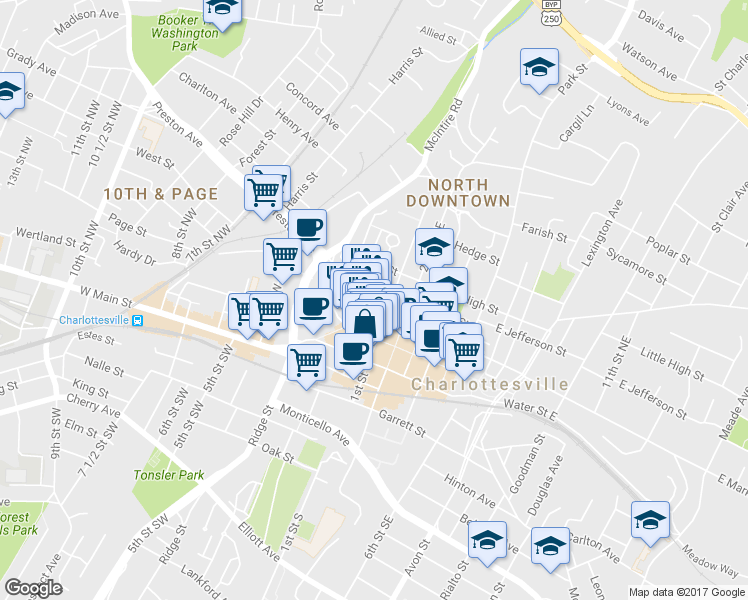 map of restaurants, bars, coffee shops, grocery stores, and more near 200 2nd Street Northwest in Charlottesville