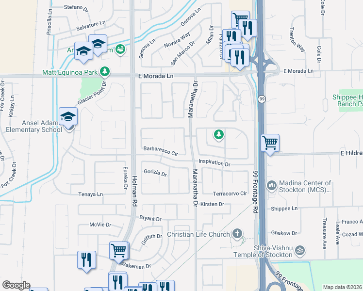 map of restaurants, bars, coffee shops, grocery stores, and more near 9138 Verdicchio Court in Stockton