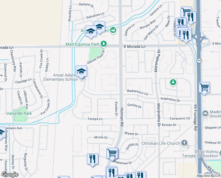 map of restaurants, bars, coffee shops, grocery stores, and more near 3440 Dewey Court in Stockton