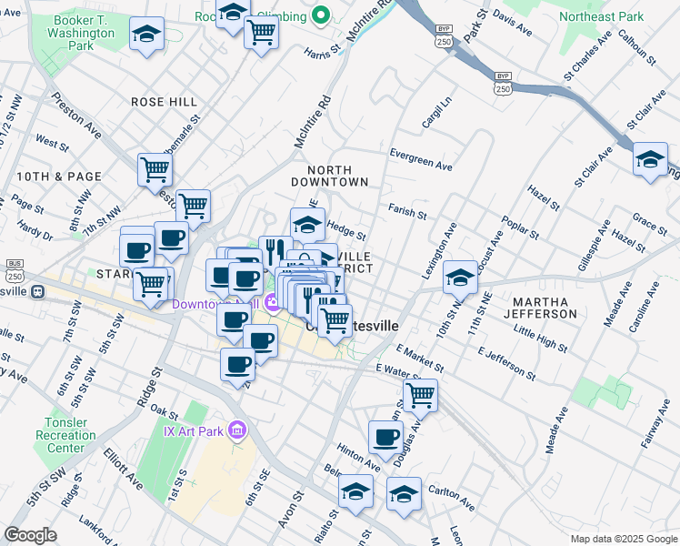 map of restaurants, bars, coffee shops, grocery stores, and more near in Charlottesville