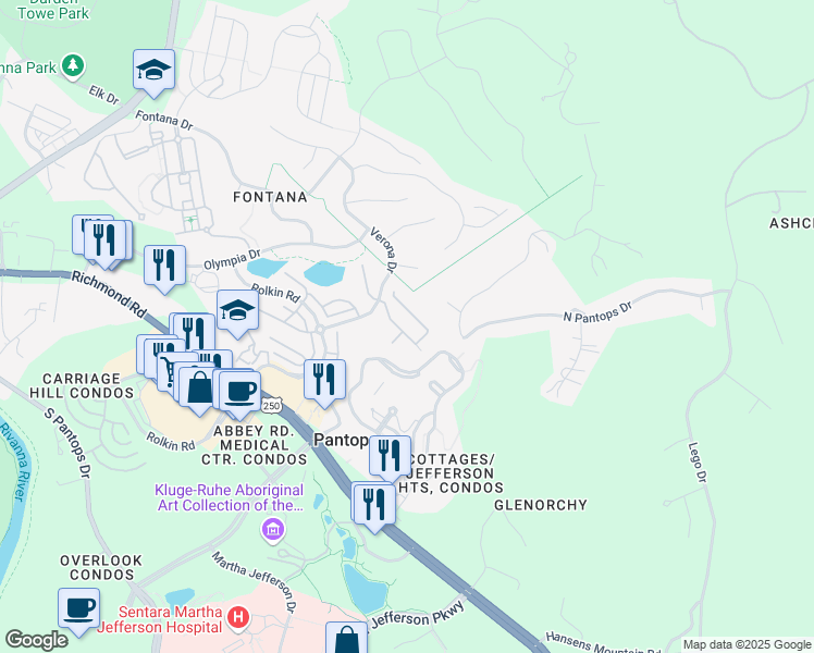 map of restaurants, bars, coffee shops, grocery stores, and more near 2279 Whittington Drive in Charlottesville