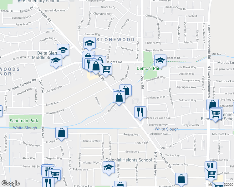 map of restaurants, bars, coffee shops, grocery stores, and more near 9014 Thornton Road in Stockton