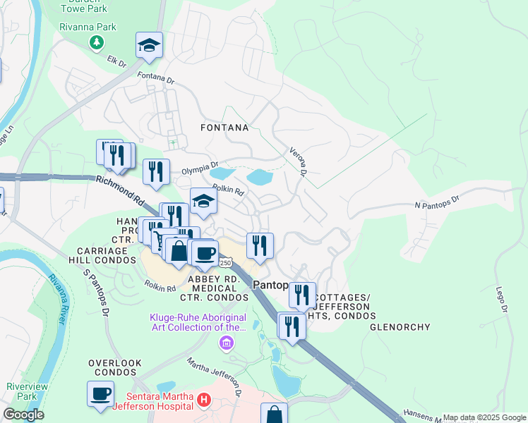 map of restaurants, bars, coffee shops, grocery stores, and more near 2022 Verona Drive in Charlottesville
