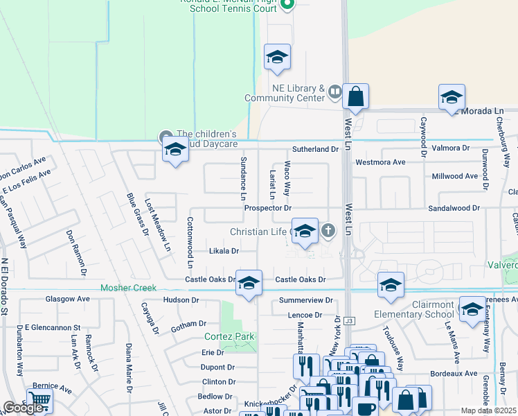 map of restaurants, bars, coffee shops, grocery stores, and more near 901 Prospector Drive in Stockton