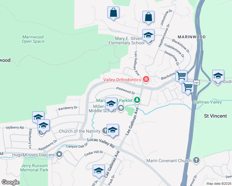 map of restaurants, bars, coffee shops, grocery stores, and more near 430 Quietwood Drive in San Rafael