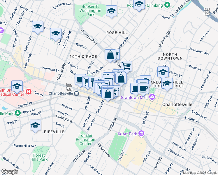 map of restaurants, bars, coffee shops, grocery stores, and more near 233 4th Street Northwest in Charlottesville