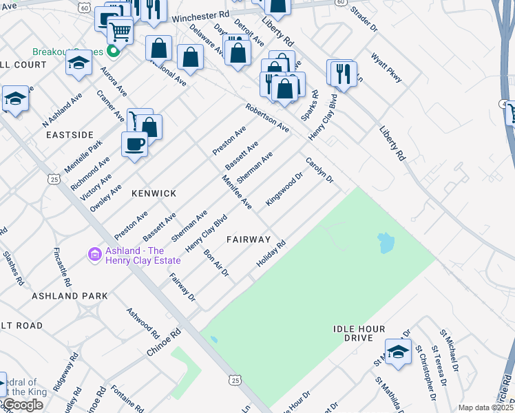 map of restaurants, bars, coffee shops, grocery stores, and more near 407 Kingswood Drive in Lexington