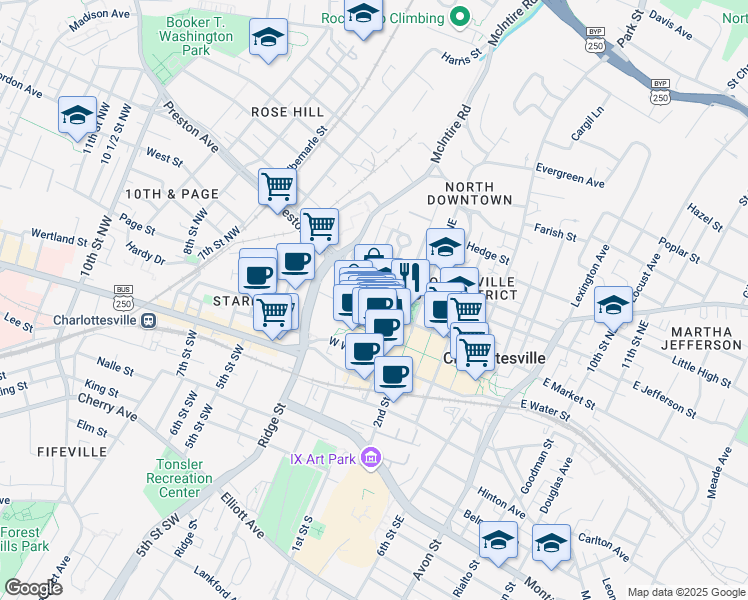 map of restaurants, bars, coffee shops, grocery stores, and more near 201 2nd Street Northwest in Charlottesville