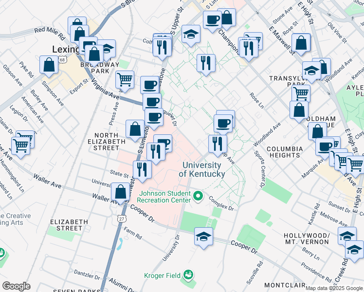 map of restaurants, bars, coffee shops, grocery stores, and more near 800 Rose Street in Lexington