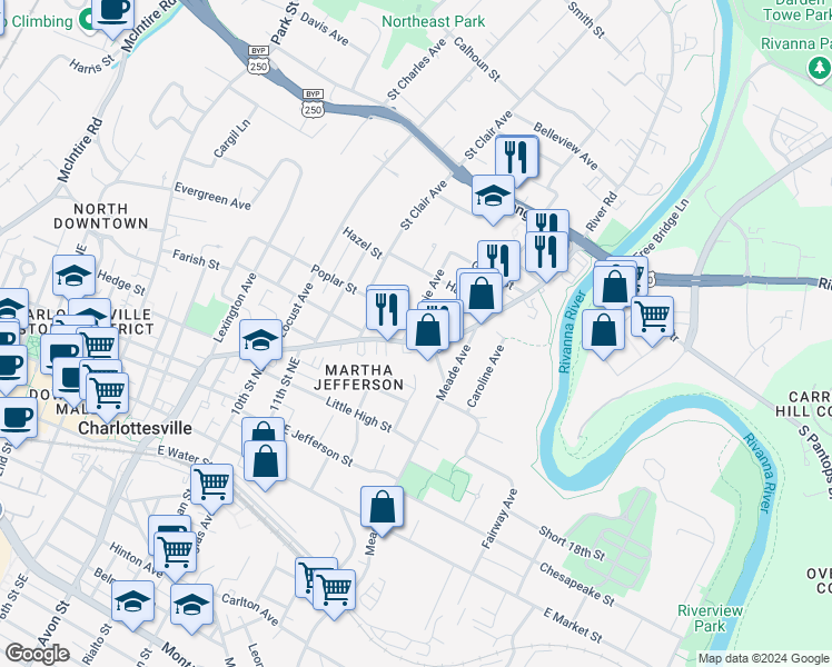 map of restaurants, bars, coffee shops, grocery stores, and more near 606 Gillespie Avenue in Charlottesville