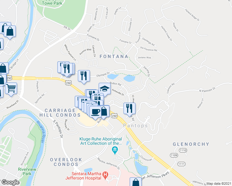 map of restaurants, bars, coffee shops, grocery stores, and more near 1947 Asheville Drive in Charlottesville