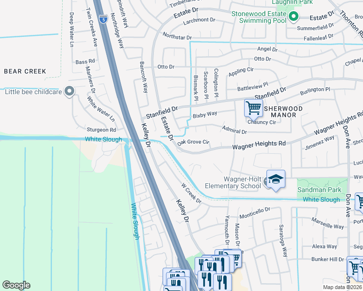map of restaurants, bars, coffee shops, grocery stores, and more near 3543 Oak Grove Circle in Stockton