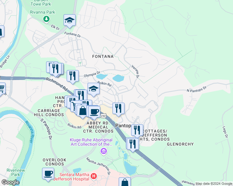 map of restaurants, bars, coffee shops, grocery stores, and more near 435 Rolkin Road in Charlottesville
