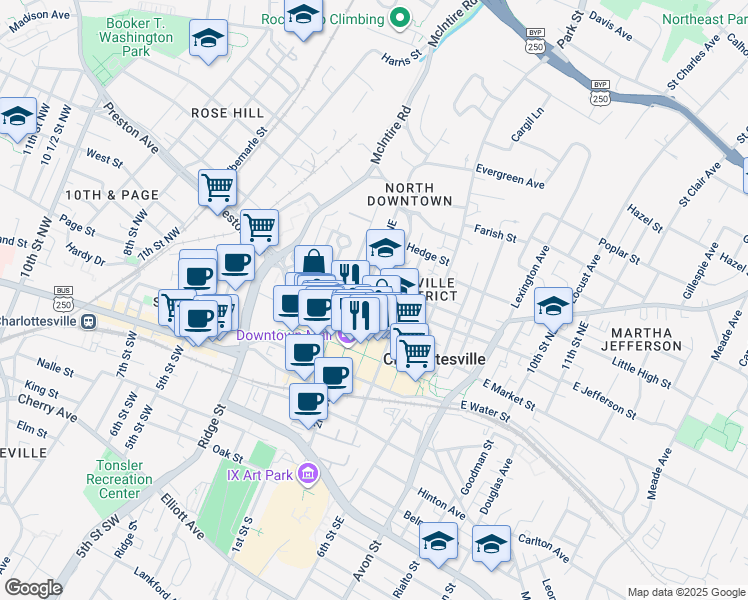 map of restaurants, bars, coffee shops, grocery stores, and more near 217 East Jefferson Street in Charlottesville