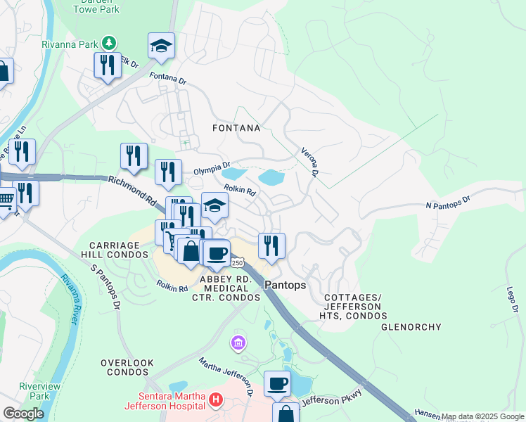 map of restaurants, bars, coffee shops, grocery stores, and more near 457 Rolkin Road in Charlottesville