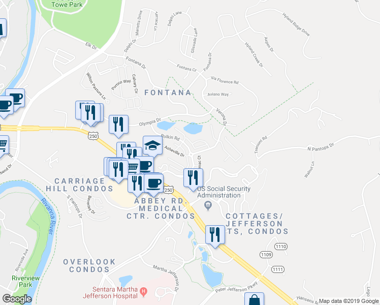 map of restaurants, bars, coffee shops, grocery stores, and more near 419 Rolkin Road in Charlottesville